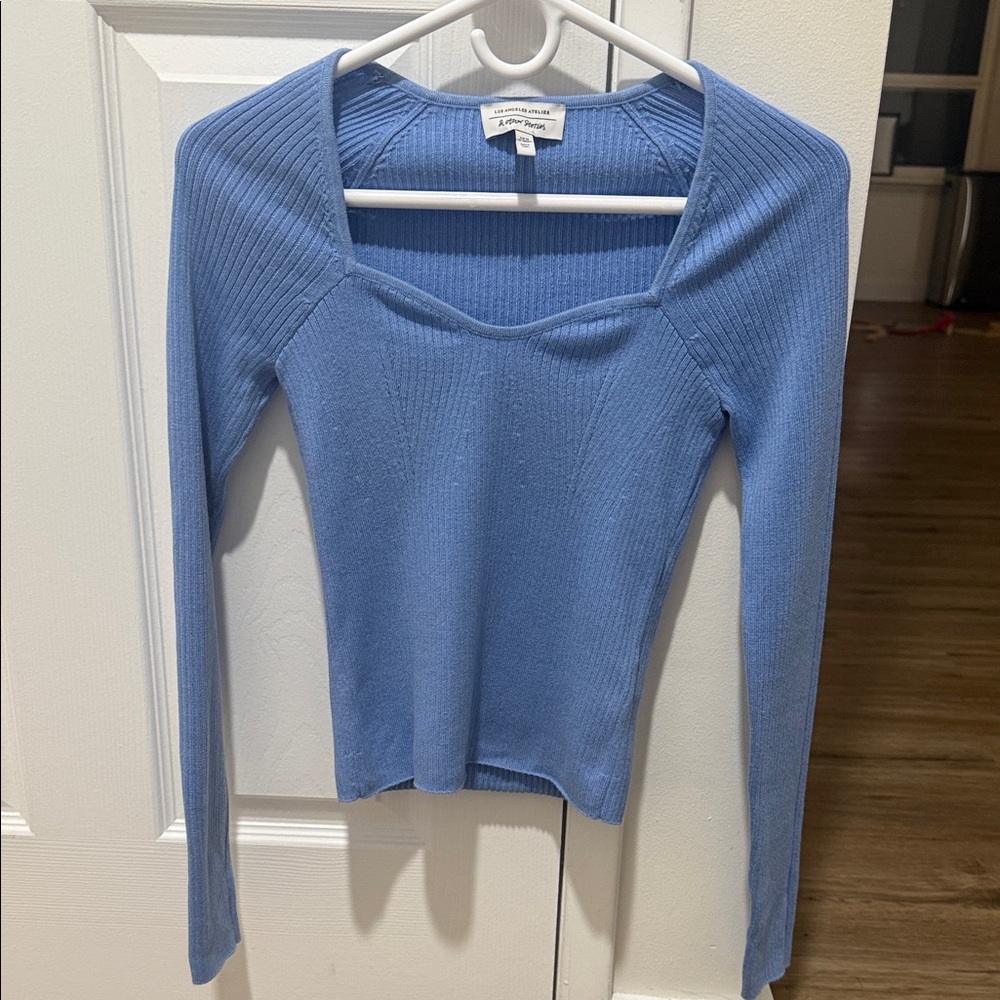 & Other Stories Ribbed Blue Long Sleeve Top